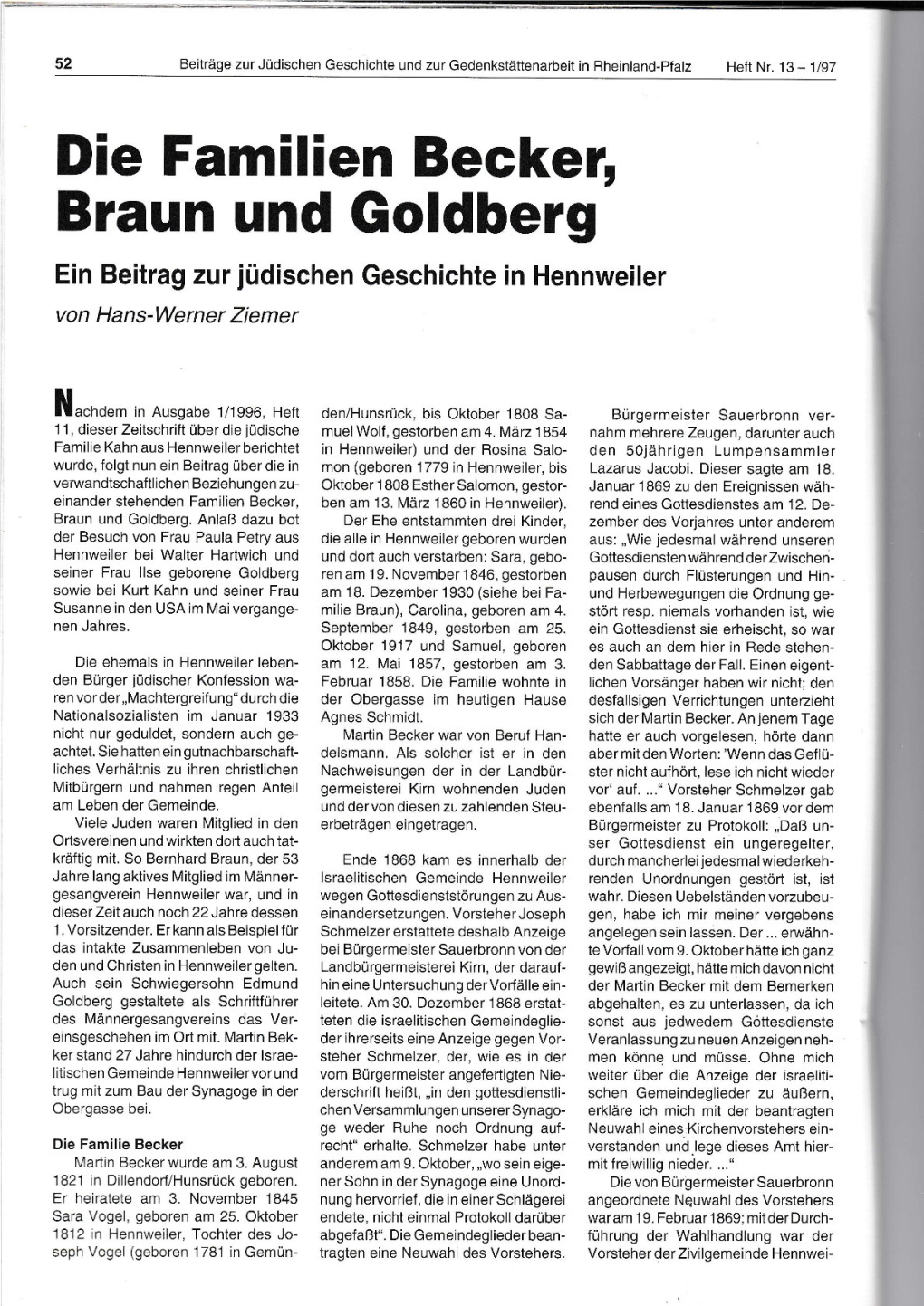 Die Familien Becker, Braun Und Goldberg Ein Beitrag Zur Jüdischen Geschichte in Hennweiler Von Hans-Werner Ziemer