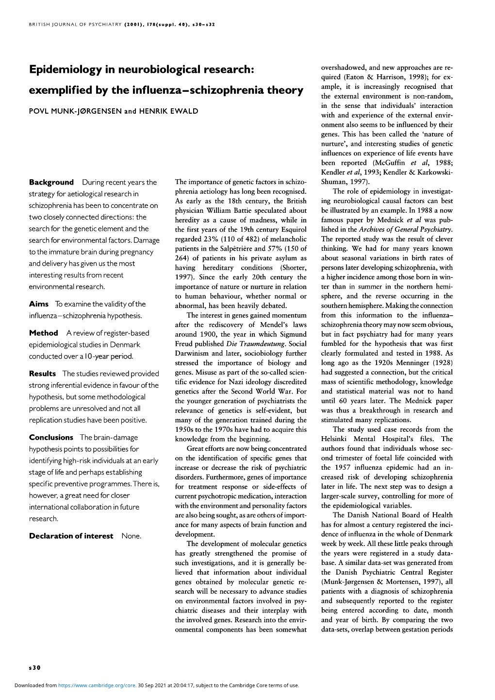 Exemplified by the Influenza^Schizophrenia Theory