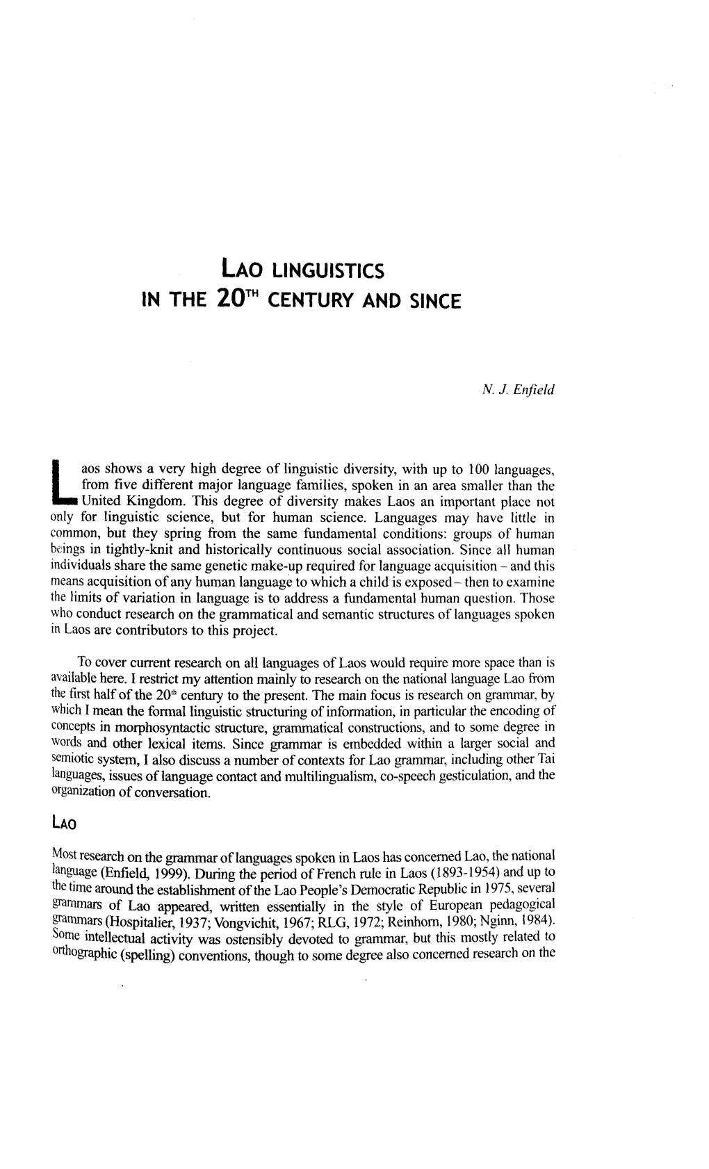 Lao Linguistics in the 20Th Century and Since