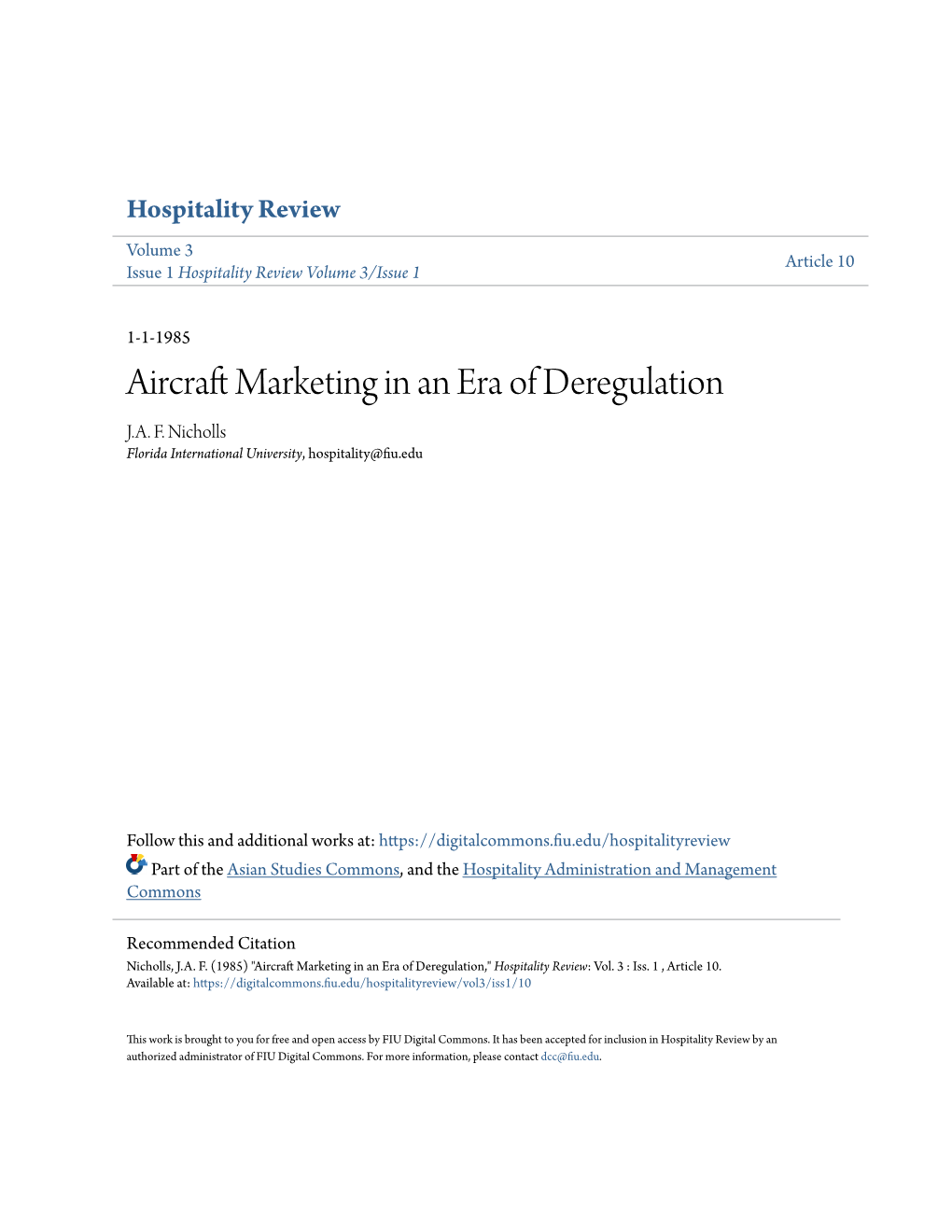 Aircraft Marketing in an Era of Deregulation