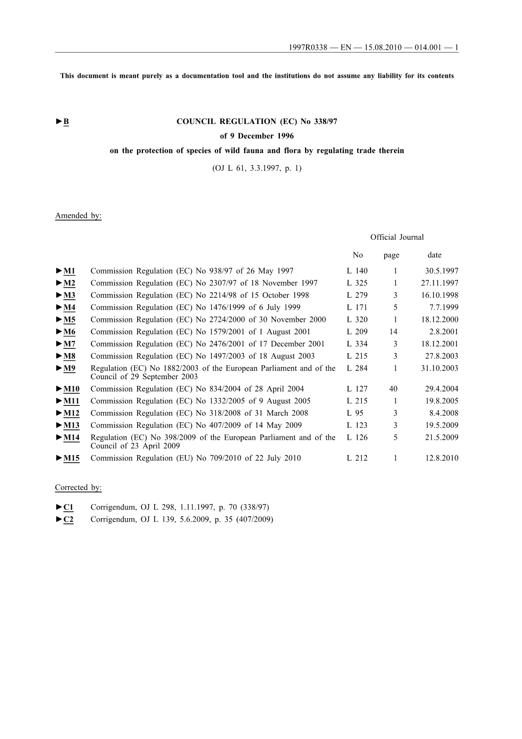 B COUNCIL REGULATION (EC) No 338/97 of 9 December 1996 on the Protection of Species of Wild Fauna and Flora by Regulating Trade Therein