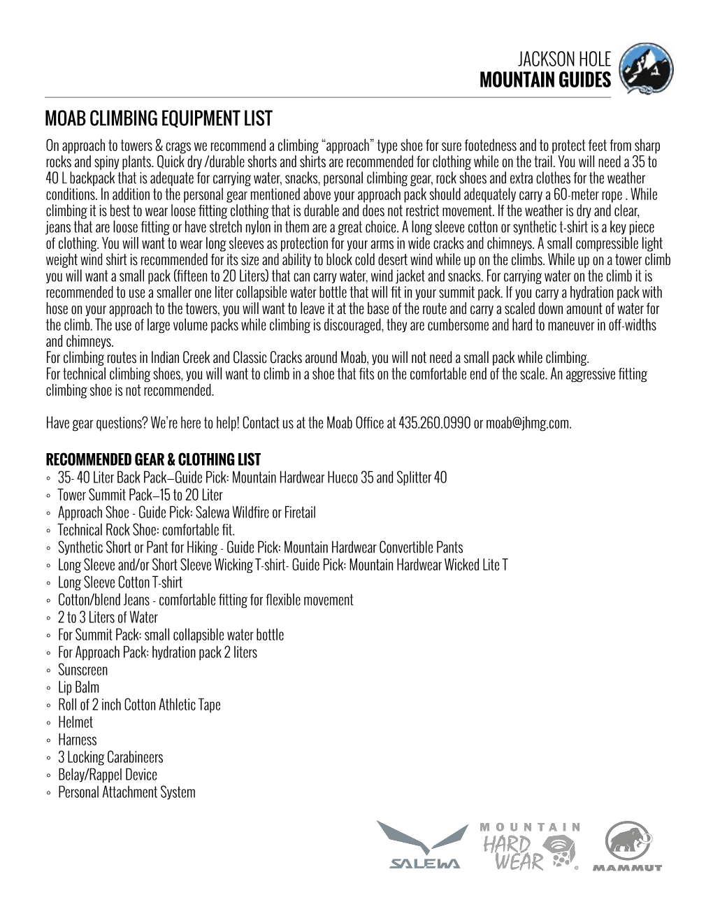 JHMG MOAB Climbing Equipment List