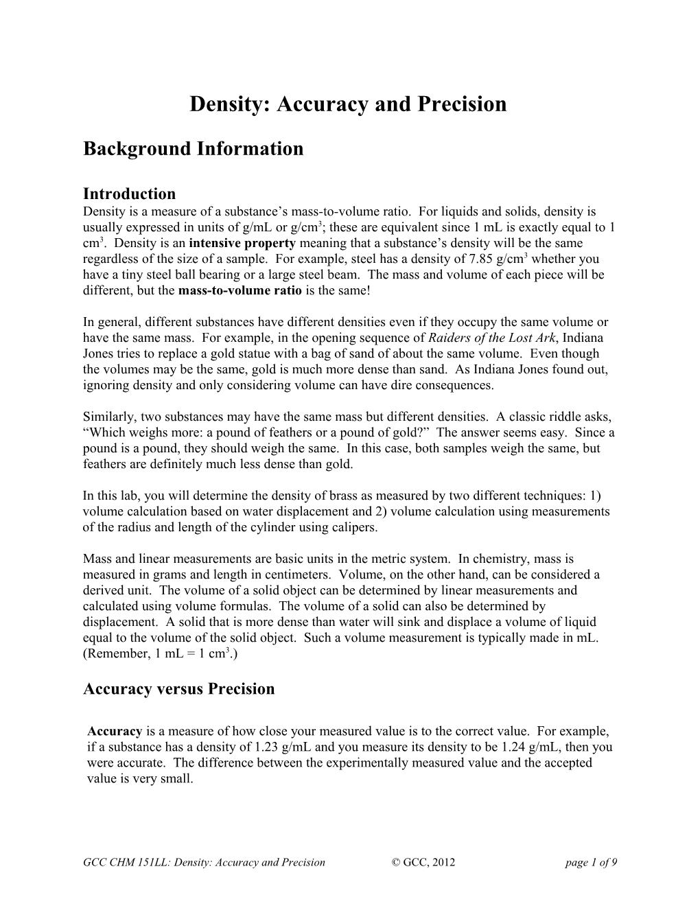 CHM 151LL: Density: Accuracy And Precision
