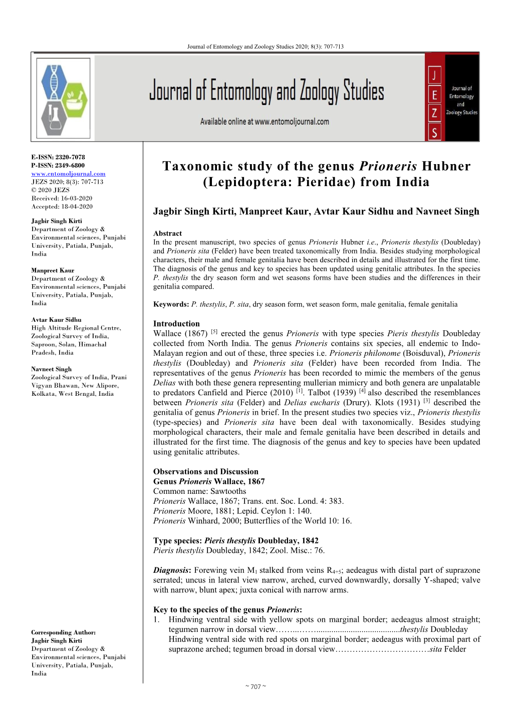 Taxonomic Study of the Genus Prioneris Hubner (Lepidoptera