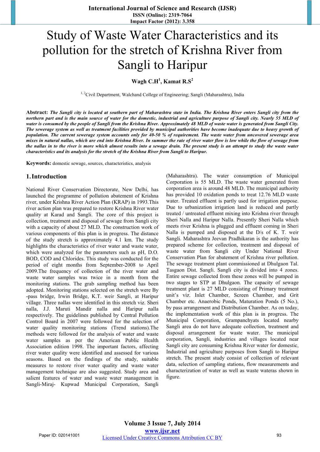 Study of Waste Water Characteristics and Its Pollution for the Stretch of Krishna River from Sangli to Haripur