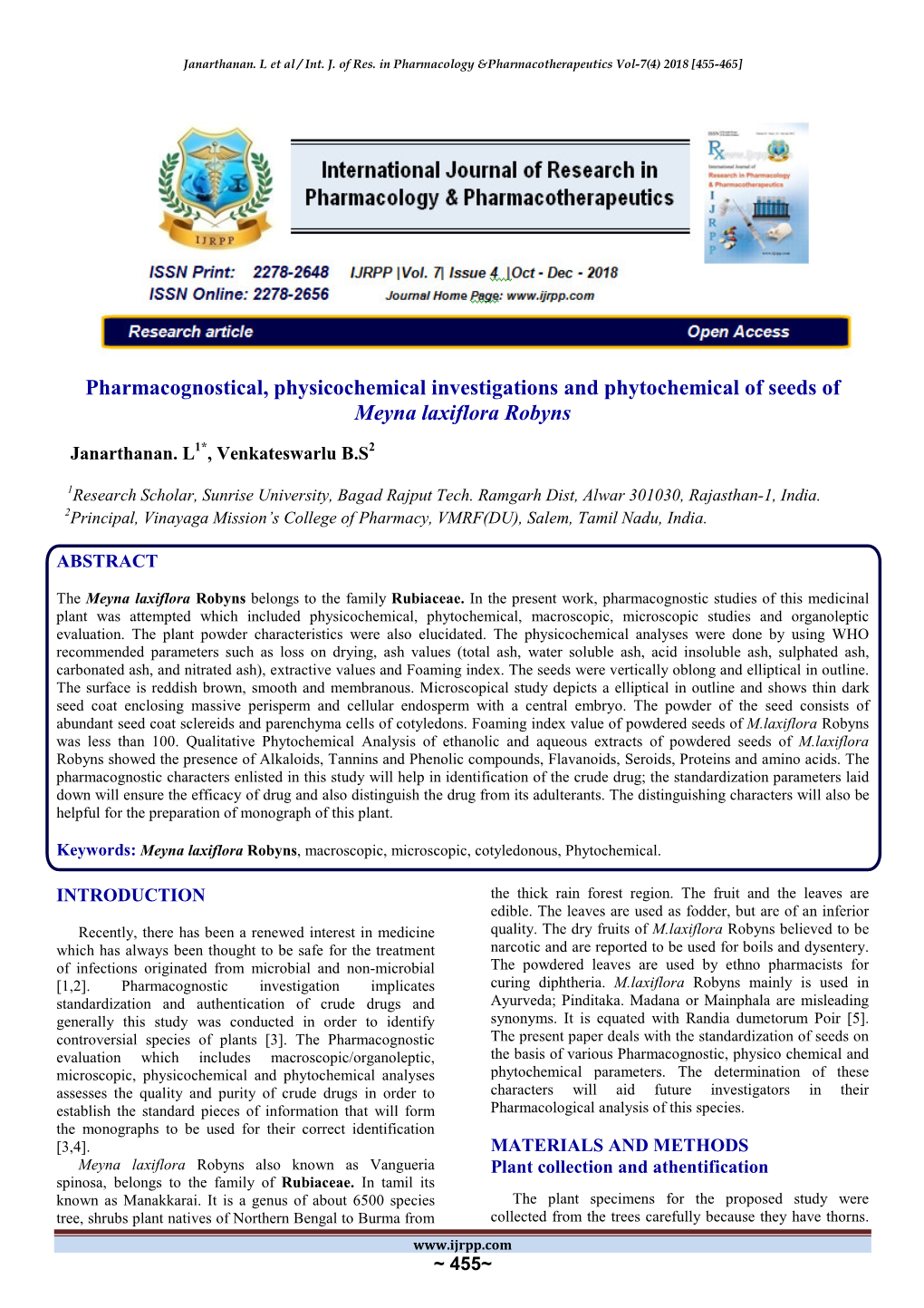 Pharmacognostical, Physicochemical Investigations and Phytochemical of Seeds of Meyna Laxiflora Robyns