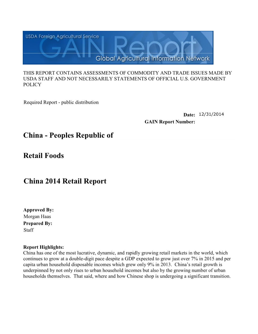 China 2014 Retail Report Retail Foods China