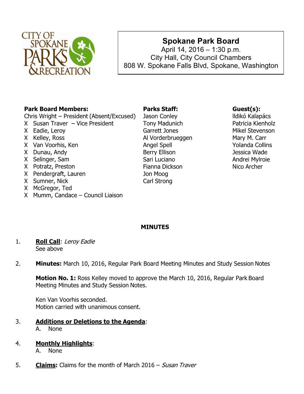 Spokane Park Board Regular Meeting Minutes of April 14, 2016