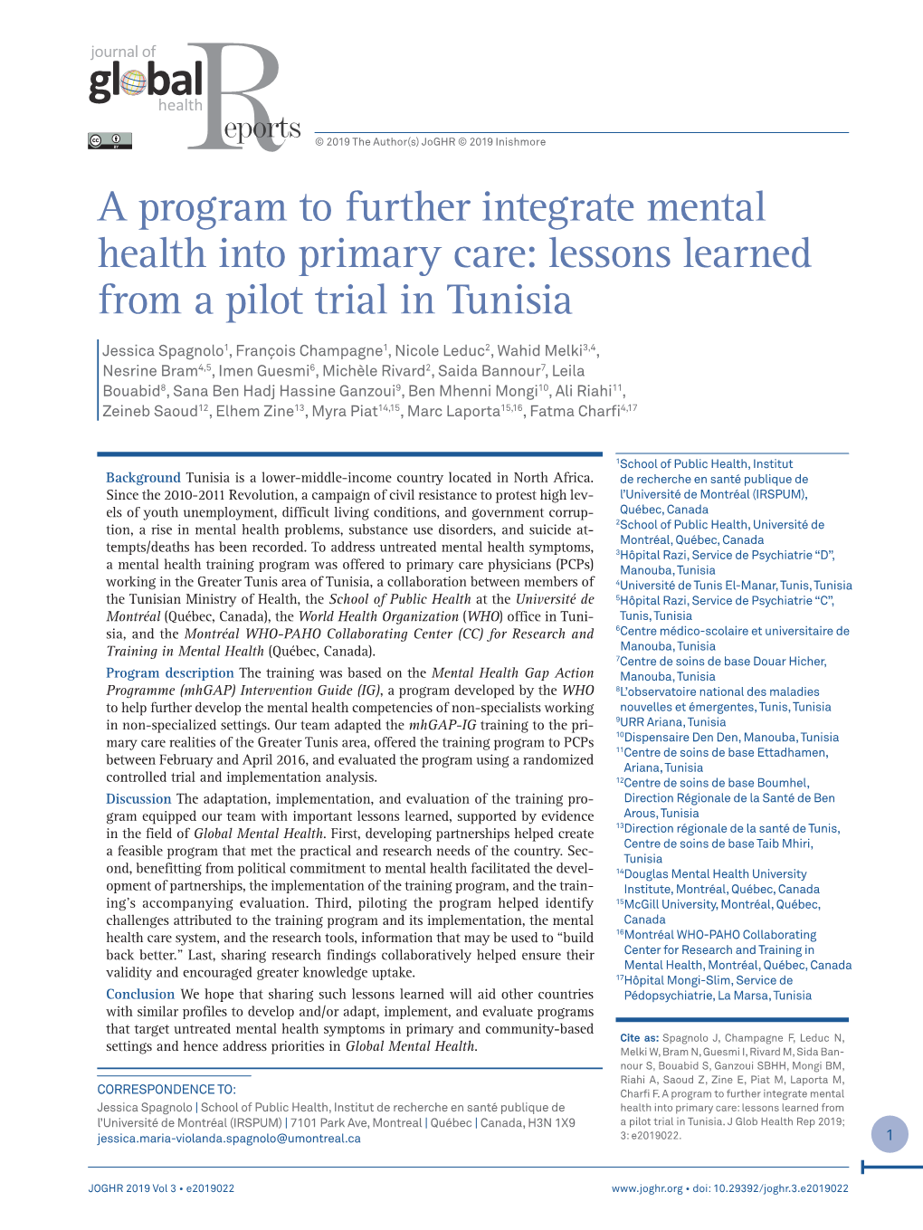 A Program to Further Integrate Mental Health Into Primary Care: Lessons Learned from a Pilot Trial in Tunisia