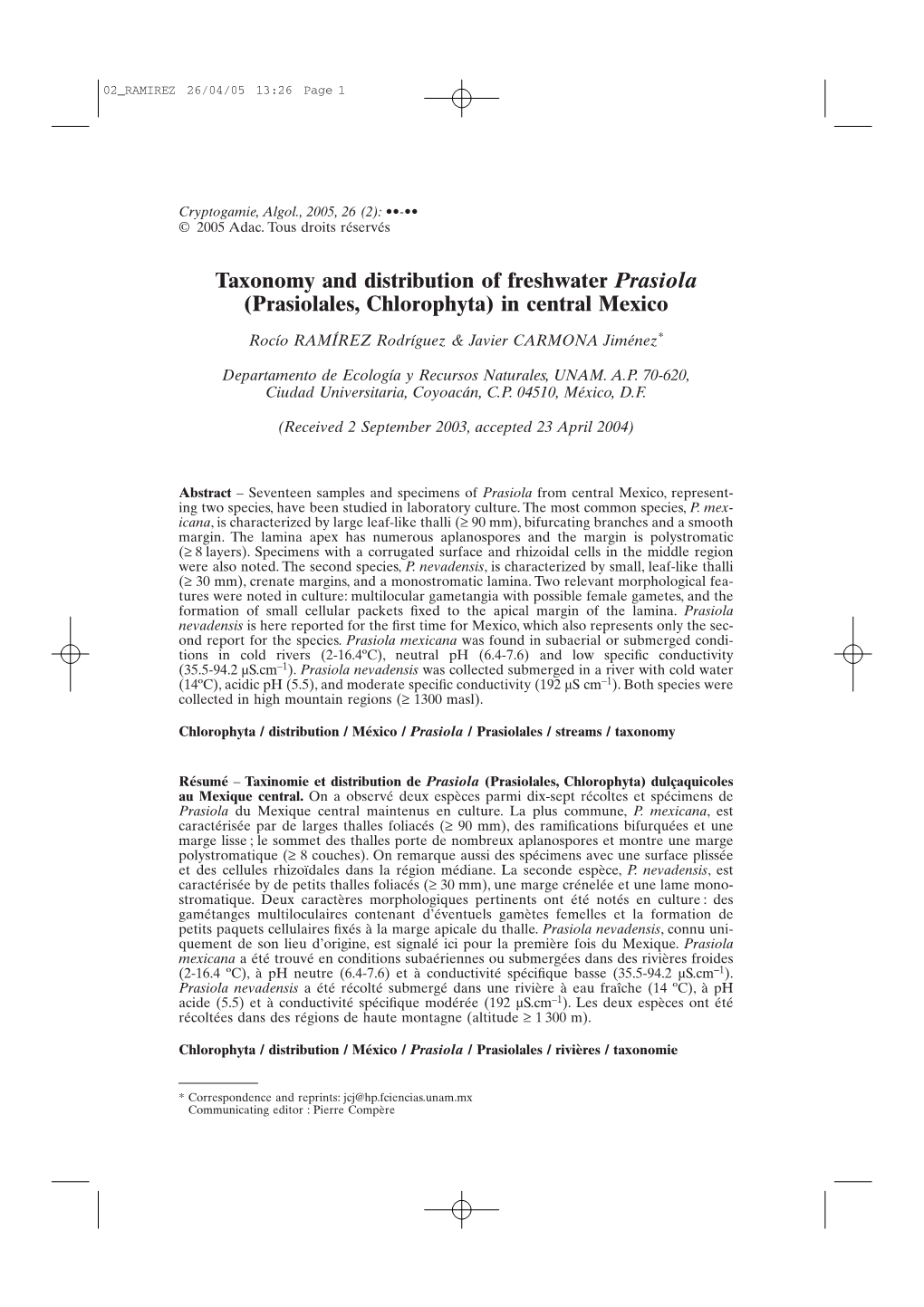 Taxonomy and Distribution of Freshwater Prasiola (Prasiolales, Chlorophyta) in Central Mexico