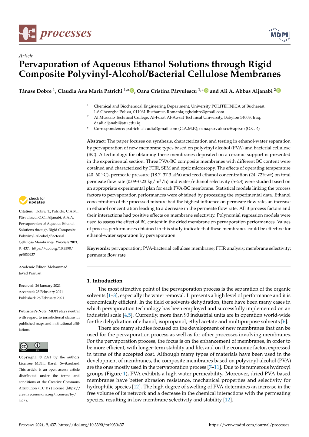 Pervaporation of Aqueous Ethanol Solutions Through Rigid Composite Polyvinyl-Alcohol/Bacterial Cellulose Membranes