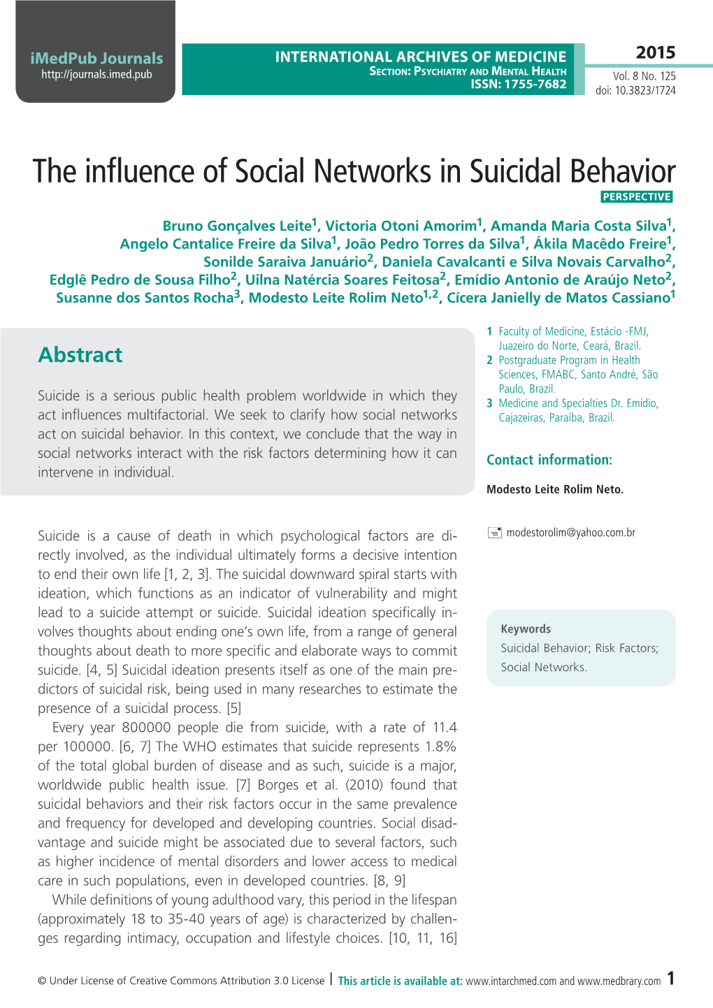 The Influence of Social Networks in Suicidal Behavior Perspective