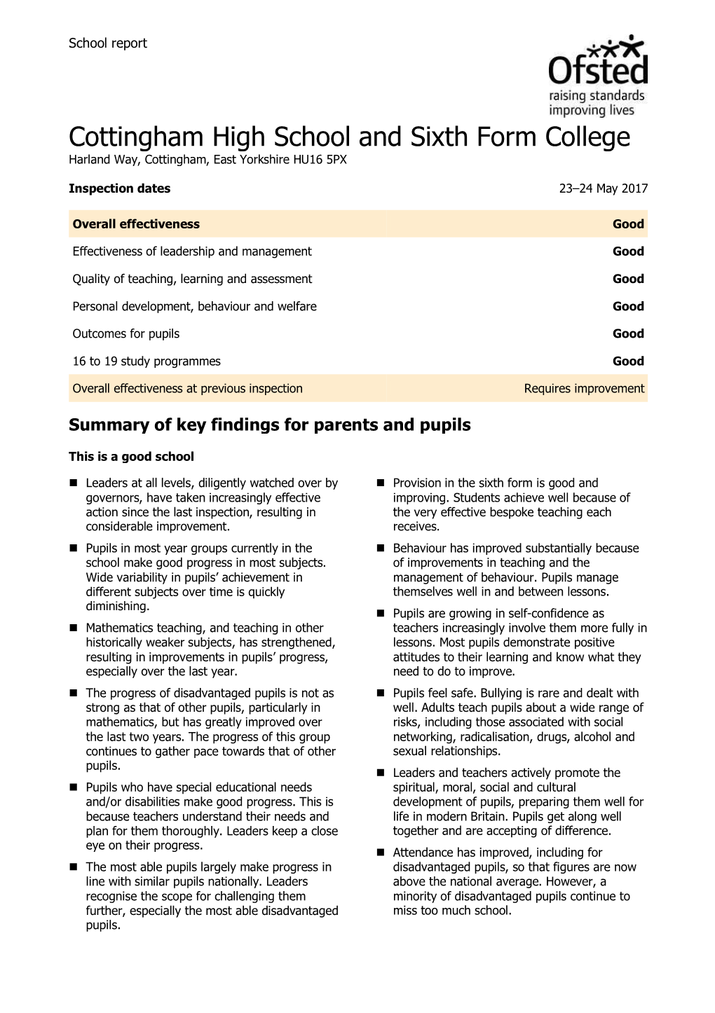 Cottingham High School and Sixth Form College Harland Way, Cottingham, East Yorkshire HU16 5PX