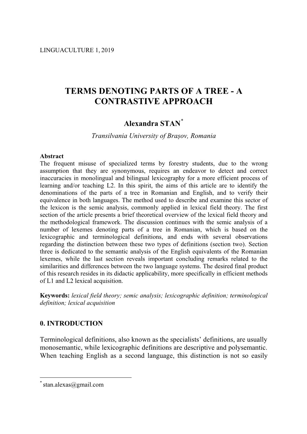 Terms Denoting Parts of a Tree - a Contrastive Approach