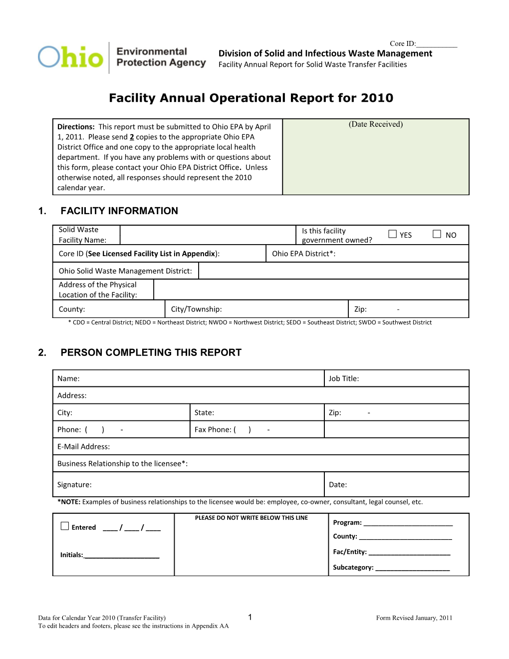 Facility Annual Operational Report for 2010