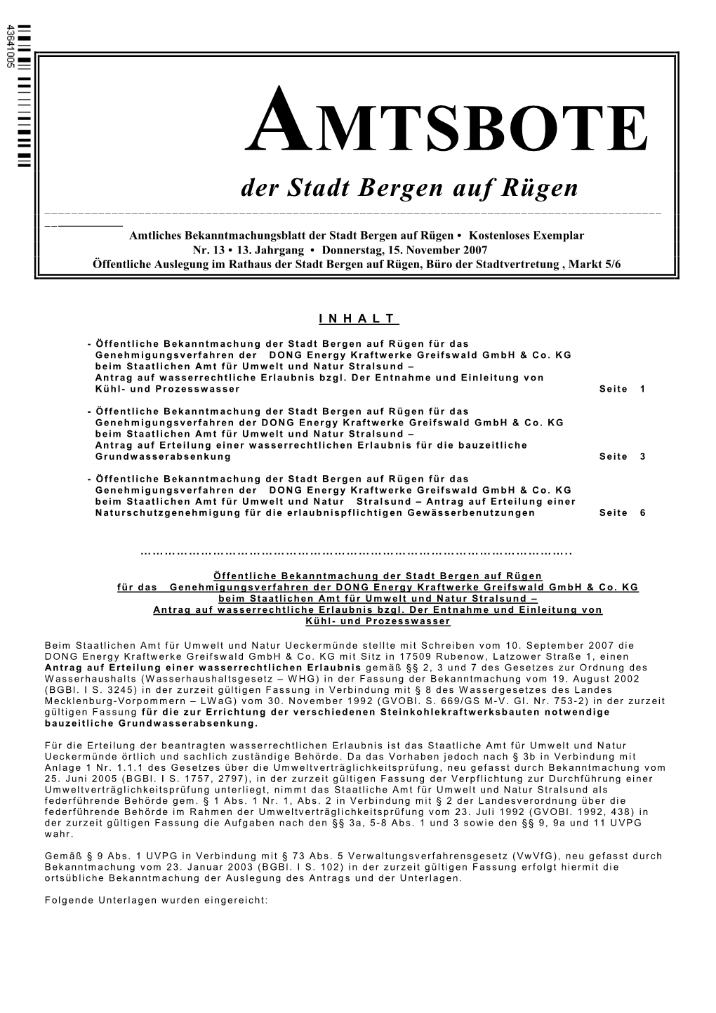 AMTSBOTE Der Stadt Bergen Auf Rügen ______Amtliches Bekanntmachungsblatt Der Stadt Bergen Auf Rügen ••• Kostenloses Exemplar Nr