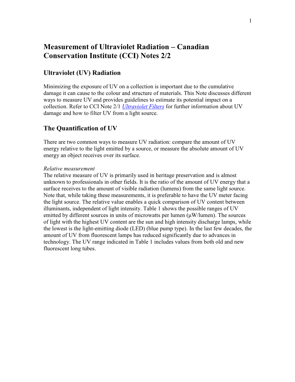 Measurement of Ultraviolet Radiation – Canadian Conservation Institute (CCI) Notes 2/2