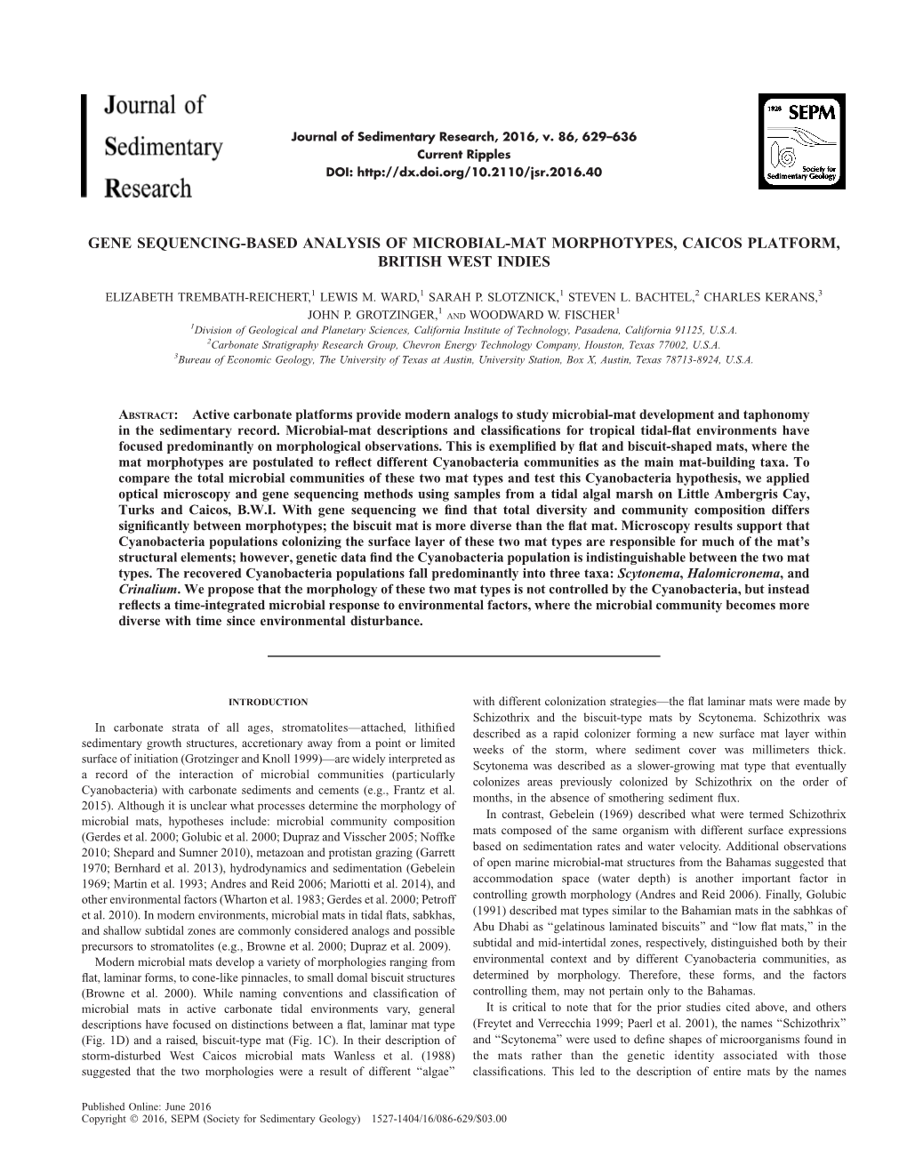 Gene Sequencing-Based Analysis of Microbial-Mat Morphotypes, Caicos Platform, British West Indies