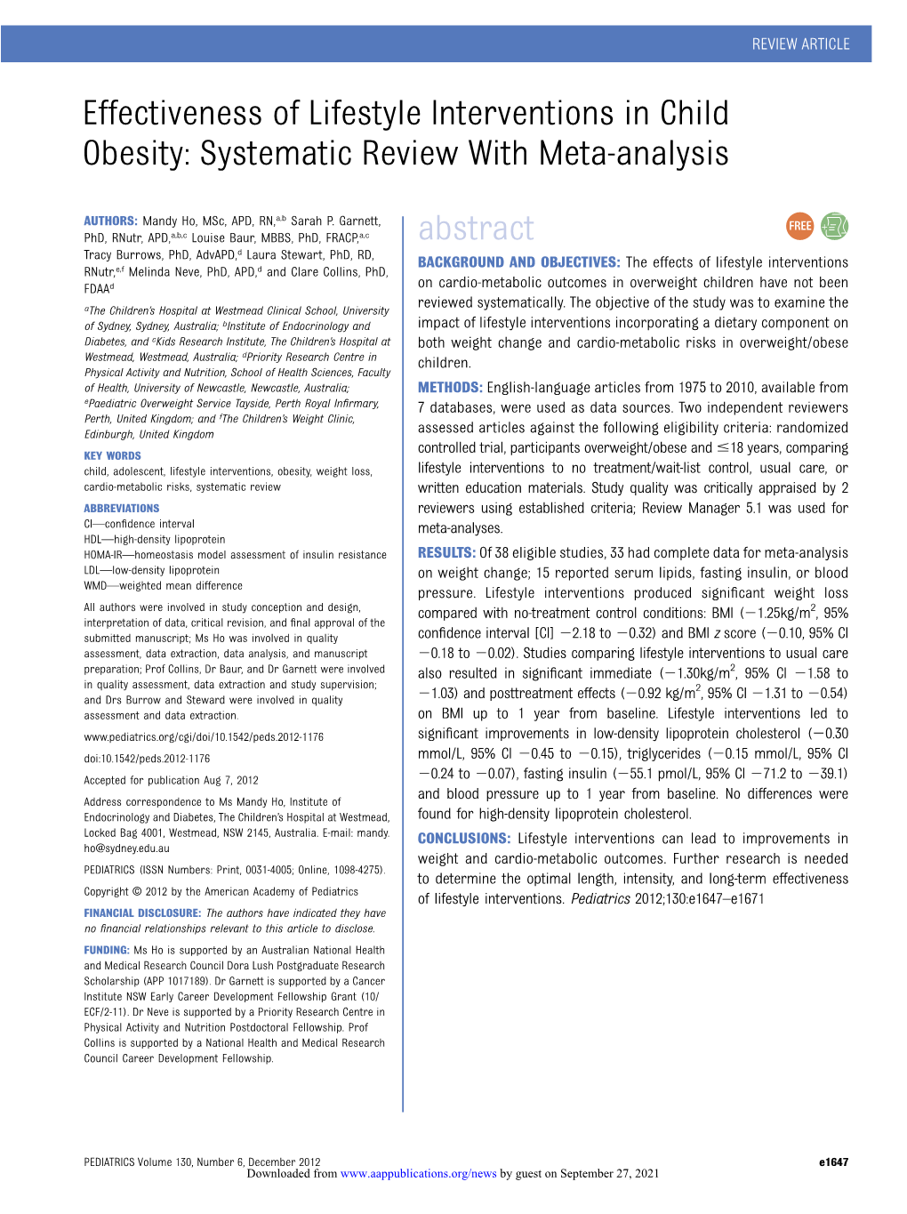 Effectiveness of Lifestyle Interventions in Child Obesity: Systematic Review with Meta-Analysis Abstract