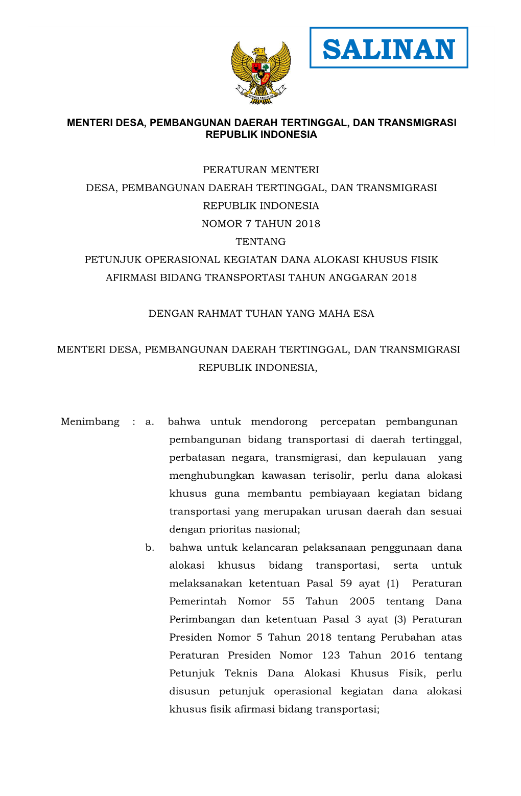 Petunjuk Operasional Kegiatan Dana Alokasi Khusus Fisik Afirmasi Bidang Transportasi Tahun Anggaran 2018