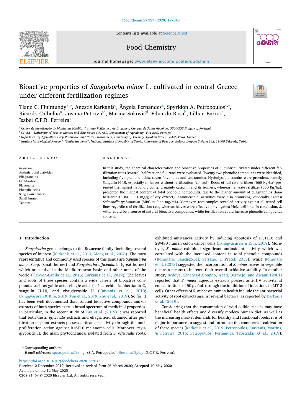 Bioactive Properties of Sanguisorba Minor L. Cultivated in Central Greece Under Diﬀerent Fertilization Regimes T ⁎ Tiane C