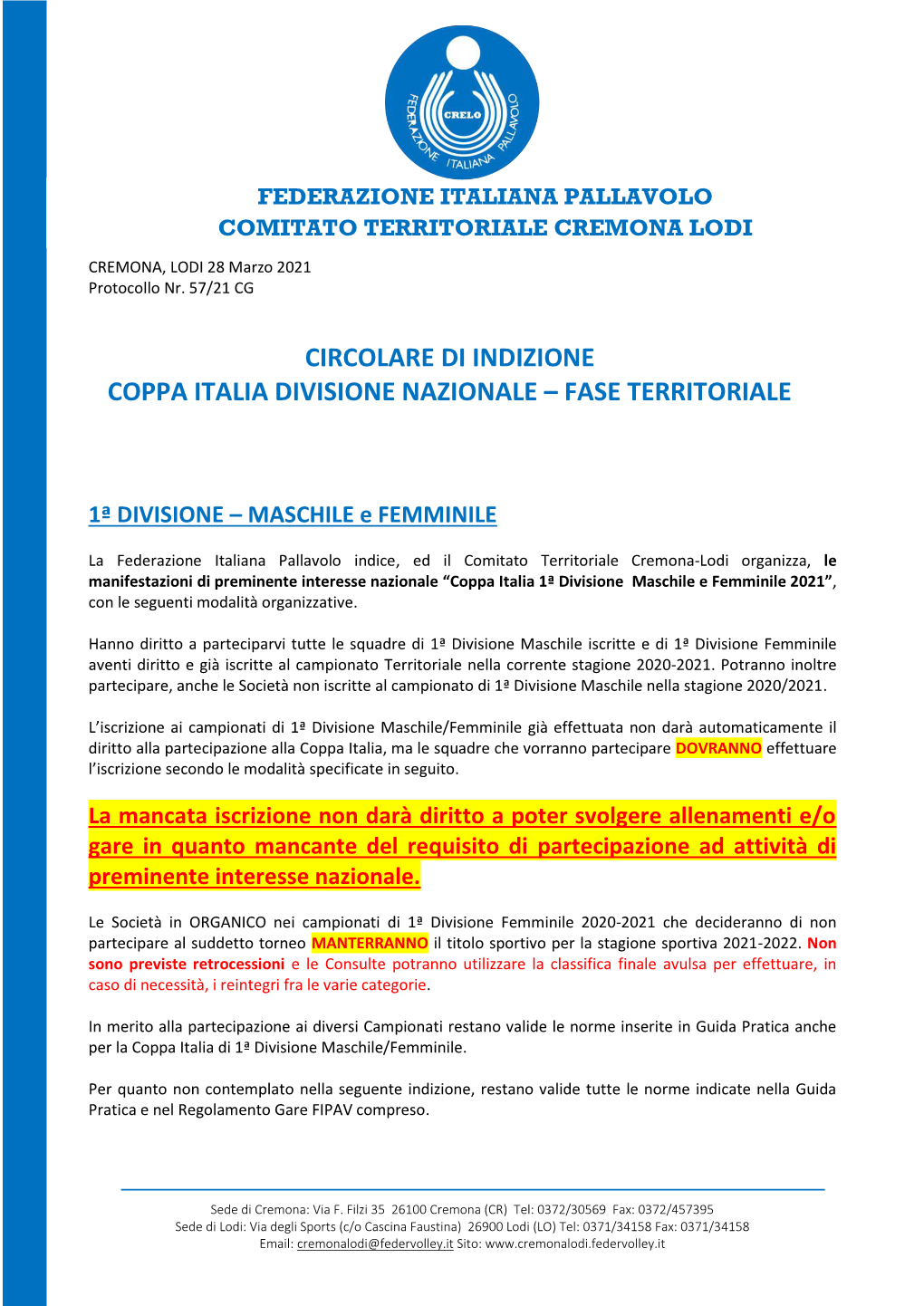 Circolare Di Indizione Coppa Italia Divisione Nazionale – Fase Territoriale