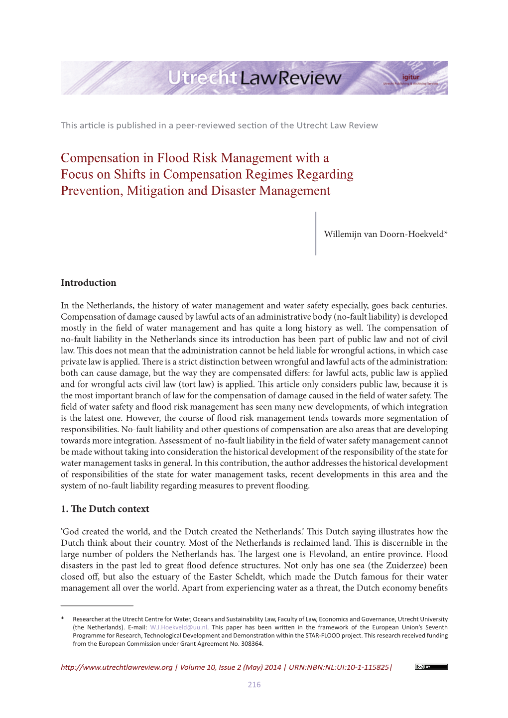 Compensation in Flood Risk Management with a Focus on Shifts in Compensation Regimes Regarding Prevention, Mitigation and Disaster Management