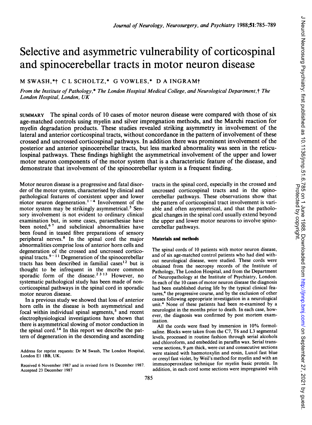 Selective and Asymmetric Vulnerability of Corticospinal and Spinocerebellar Tracts in Motor Neuron Disease