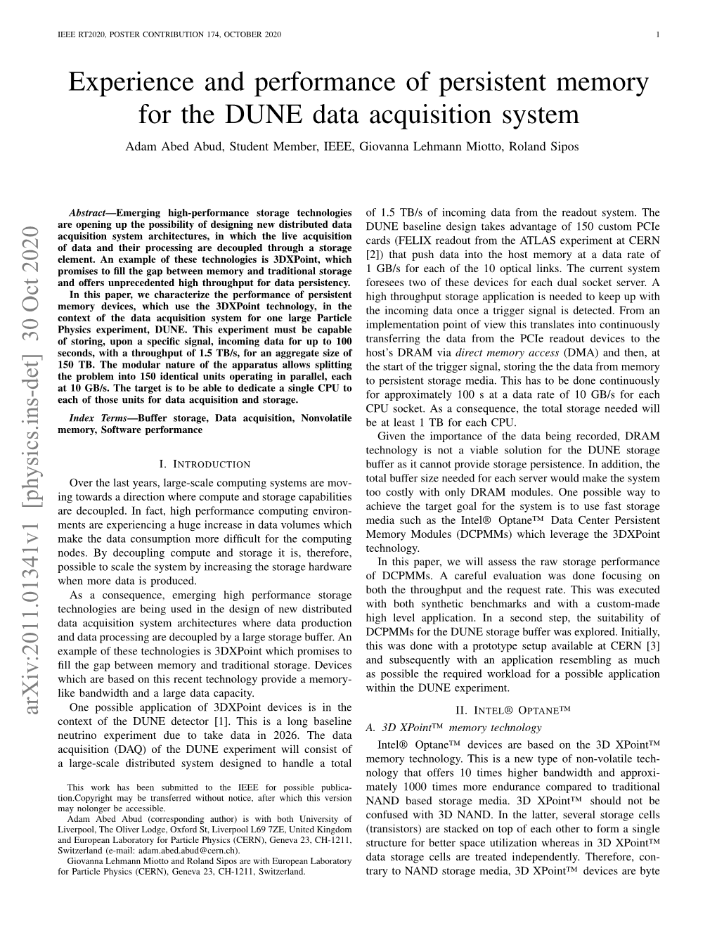 Experience and Performance of Persistent Memory for the DUNE Data Acquisition System Adam Abed Abud, Student Member, IEEE, Giovanna Lehmann Miotto, Roland Sipos