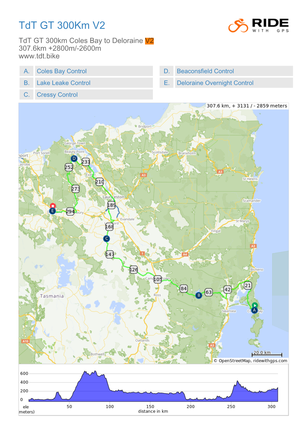 Tdt GT 300Km V2 Tdt GT 300Km Coles Bay to Deloraine V2 307.6Km +2800M/-2600M