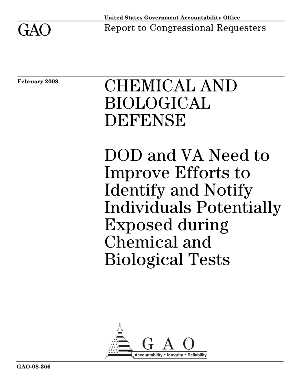 GAO-08-366 Chemical and Biological Defense: DOD and VA Need To