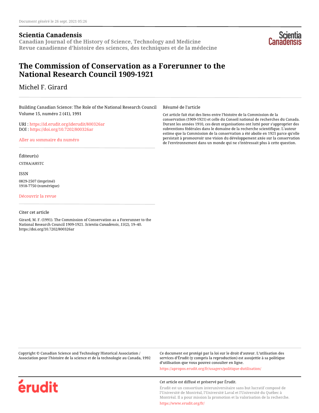 The Commission of Conservation As a Forerunner to the National Research Council 1909-1921 Michel F