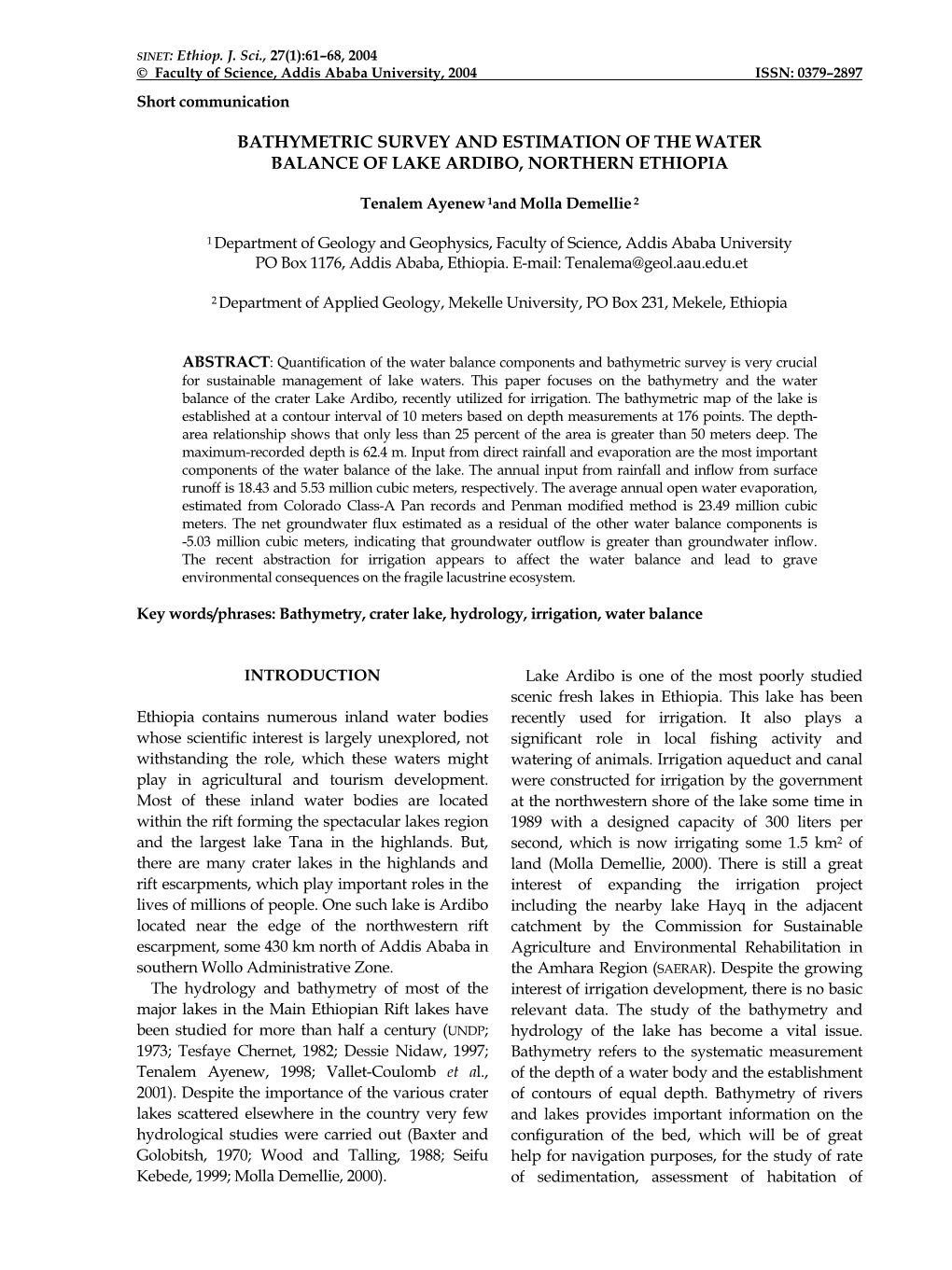 Bathymetric Survey and Estimation of the Water Balance of Lake Ardibo, Northern Ethiopia