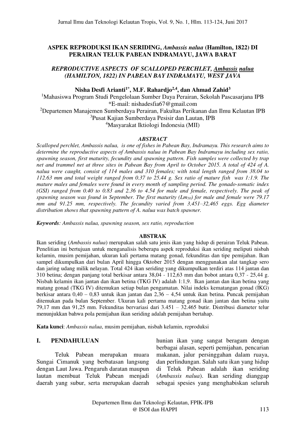 113 Aspek Reproduksi Ikan Seriding, Ambassis Nalua (Hamilton, 1822) Di