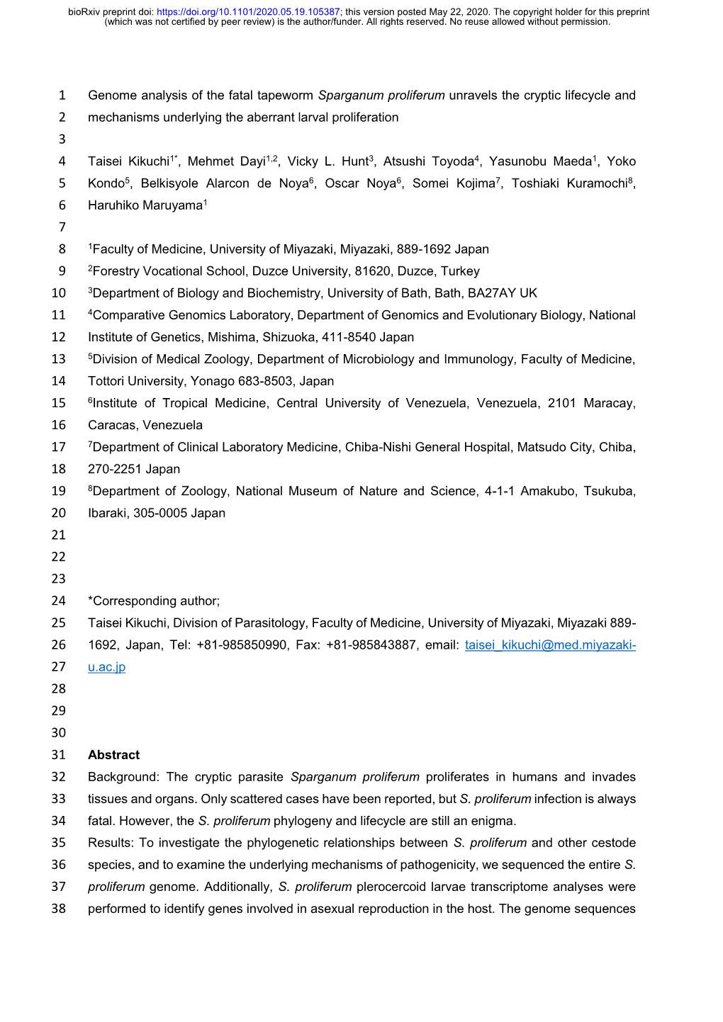 Genome Analysis of the Fatal Tapeworm Sparganum Proliferum