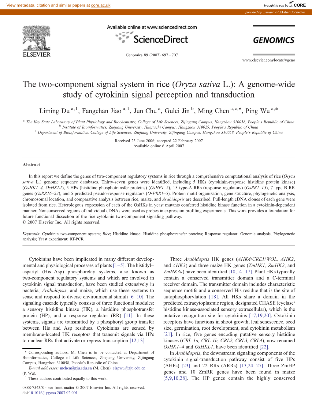 The Two-Component Signal System in Rice (Oryza Sativa