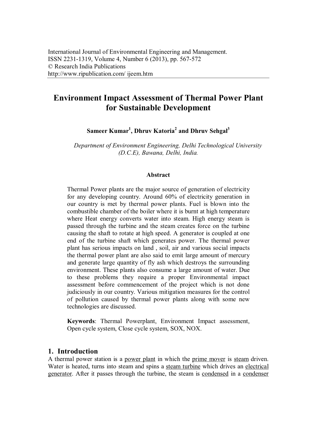 Environment Impact Assessment of Thermal Power Plant for Sustainable Development