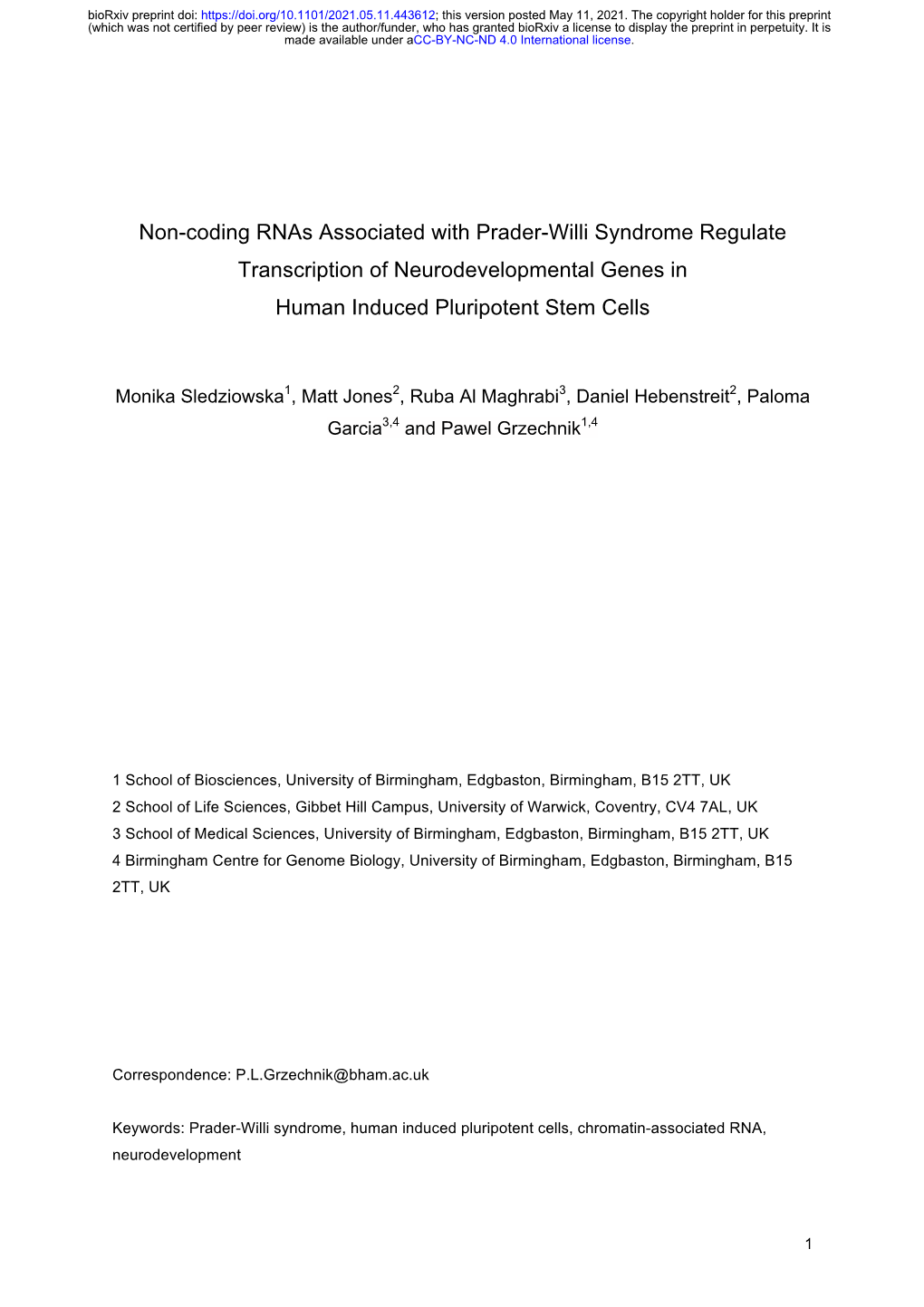 Non-Coding Rnas Associated with Prader-Willi Syndrome Regulate Transcription of Neurodevelopmental Genes in Human Induced Pluripotent Stem Cells