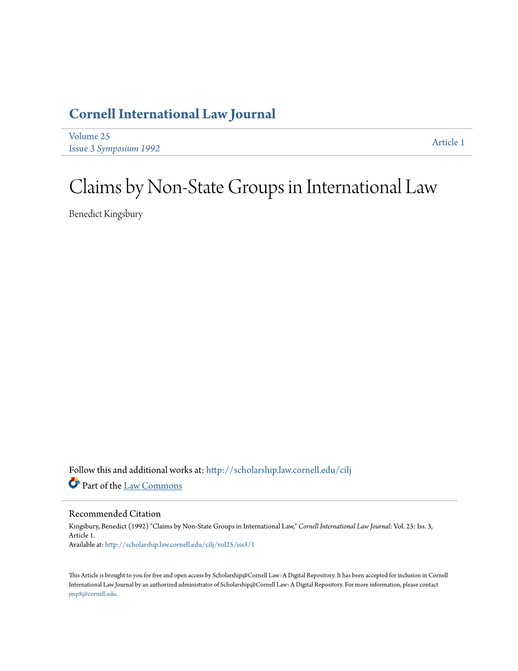 Claims by Non-State Groups in International Law Benedict Kingsbury