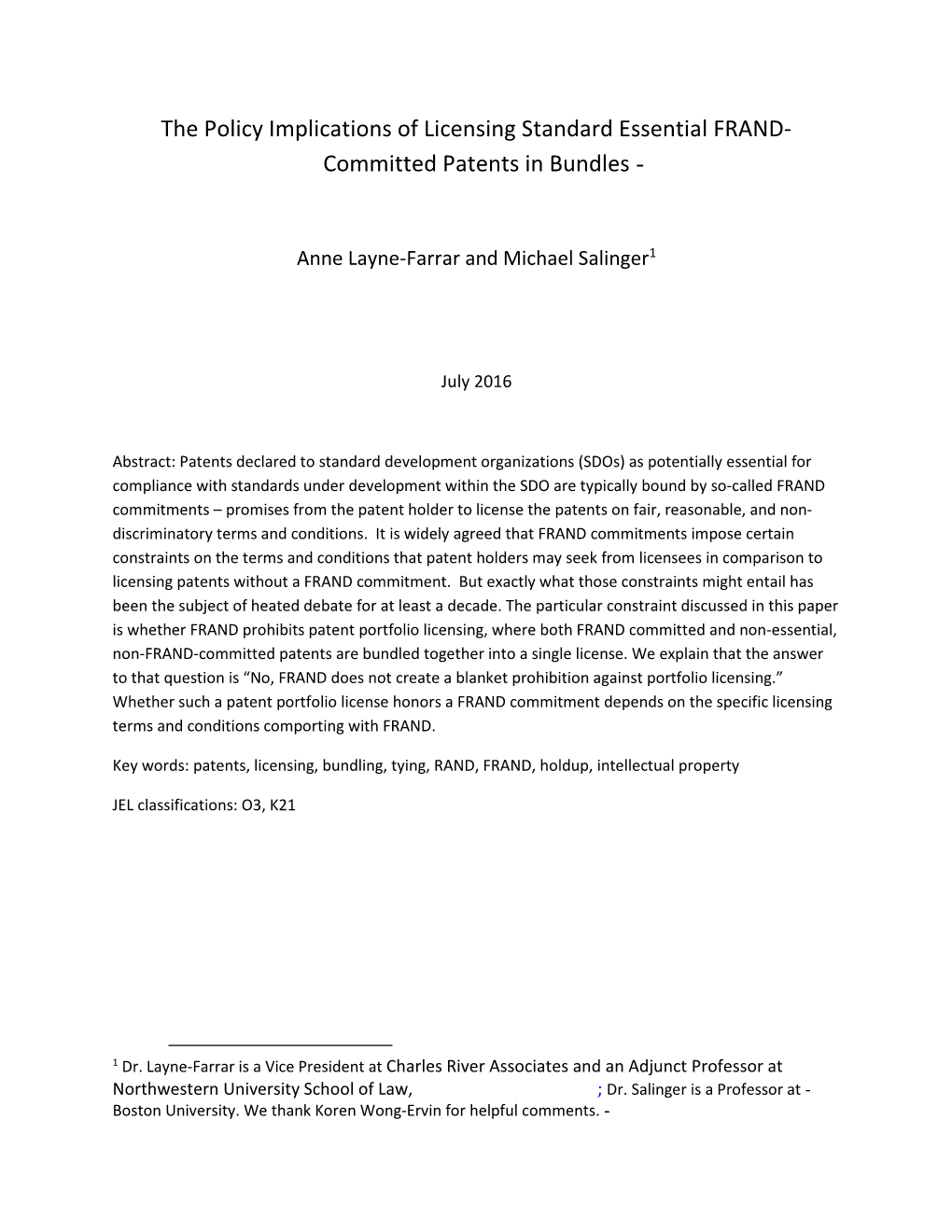 The Policy Implications of Licensing Standard Essential FRAND- Committed Patents in Bundles ­