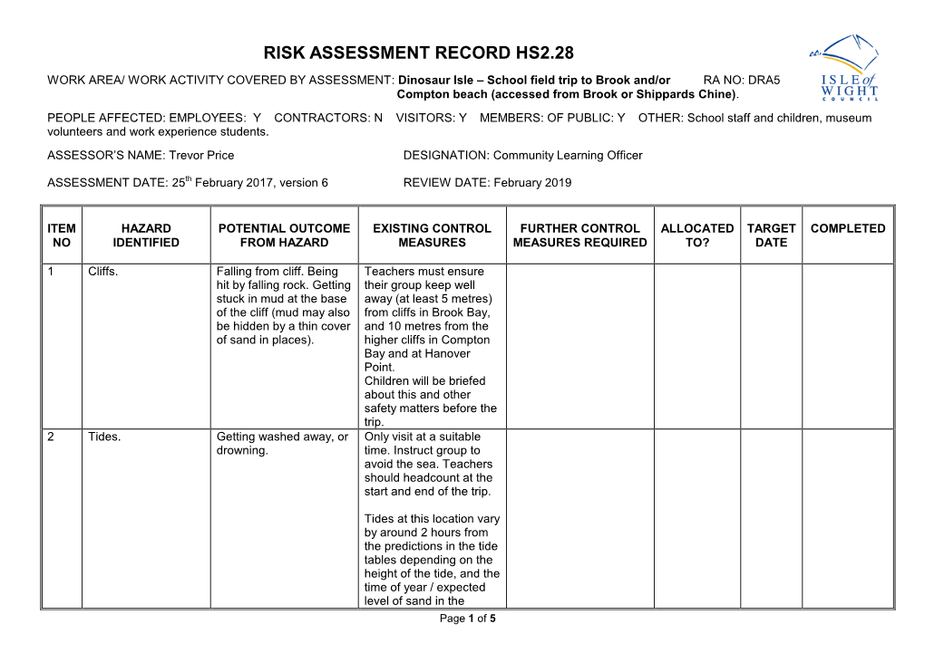 Risk Assessment Record Hs2.28