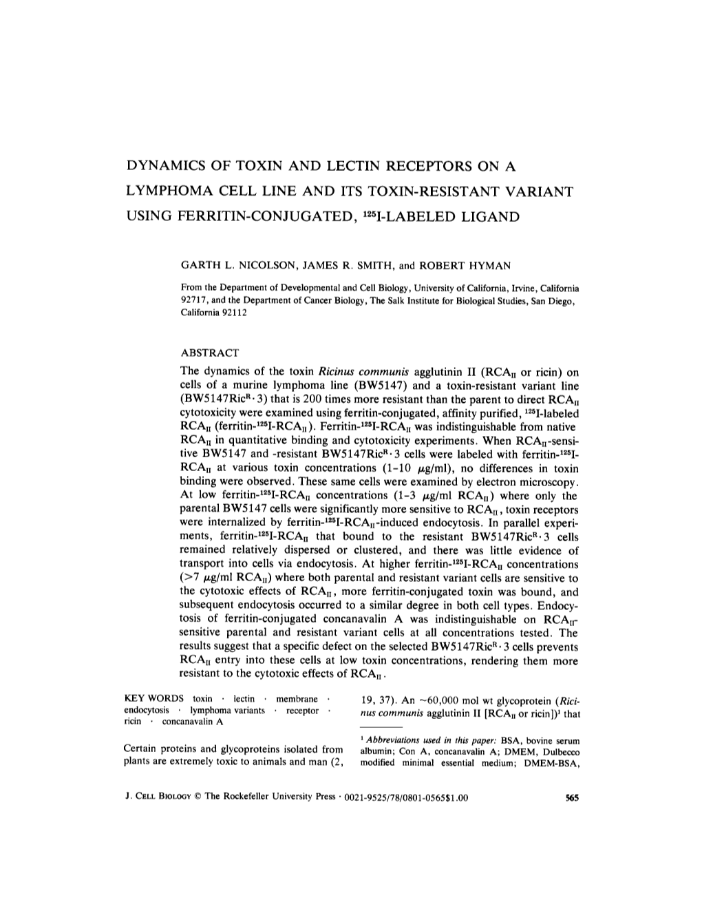 Dynamics of Toxin and Lectin Receptors on a Lymphoma Cell Line and Its Toxin-Resistant Variant Using Ferritin-Conjugated, 125I-Labeled Ligand