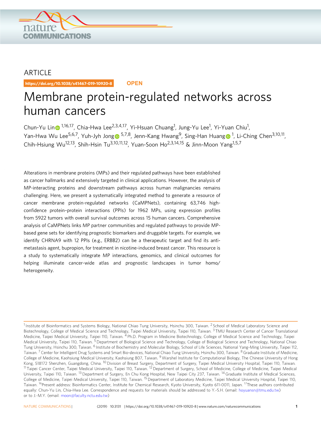 Membrane Protein-Regulated Networks Across Human Cancers