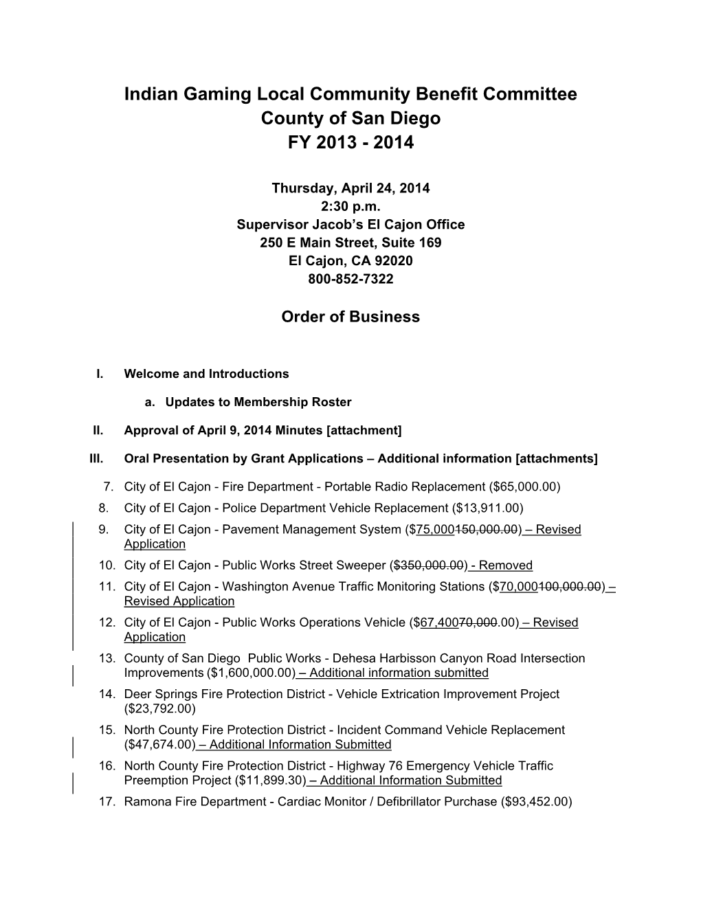 Indian Gaming Local Community Benefit Committee County of San Diego FY 2013 - 2014