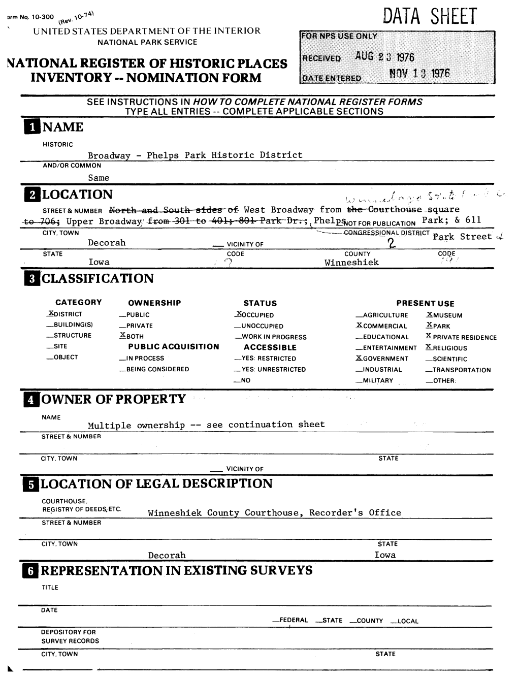 Data Sheet United States Department of the Interior National Park Service National Register of Historic Places Inventory -- Nomination Form