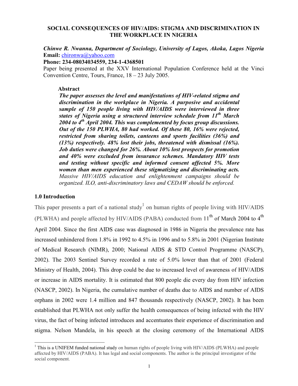 Social Consequences of Hiv/Aids: Stigma and Discrimination in the Workplace in Nigeria