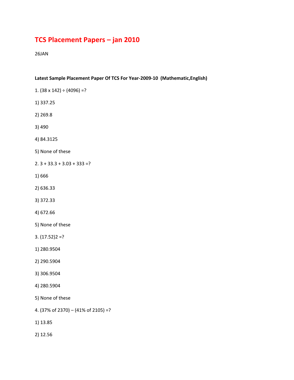 Latest Sample Placement Paper of TCS for Year-2009-10 (Mathematic,English)