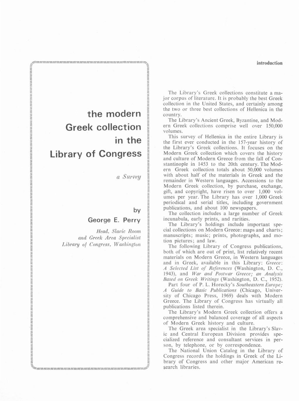 The Modem Greek Collection in the Library of Congress