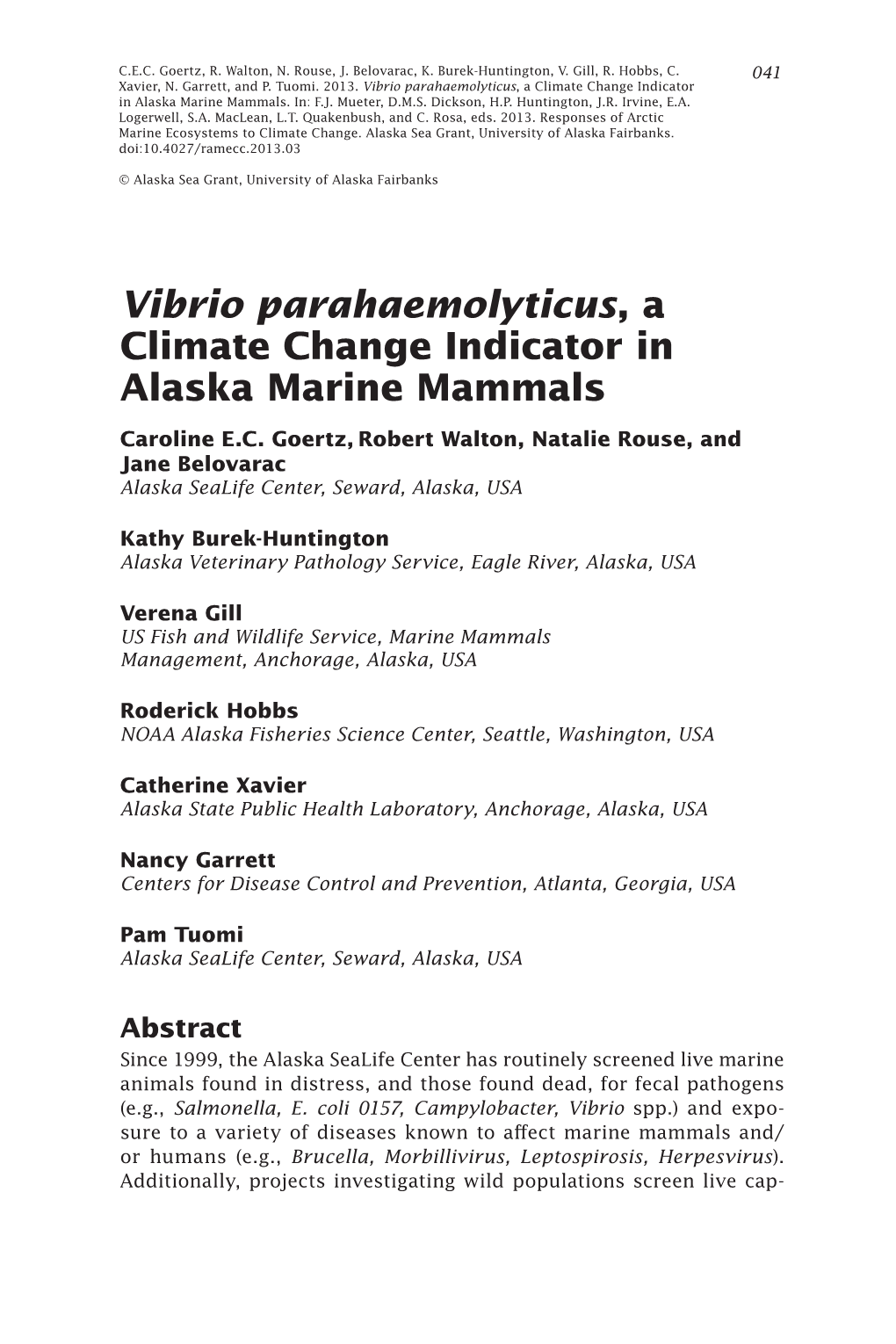 Vibrio Parahaemolyticus, a Climate Change Indicator in Alaska Marine Mammals