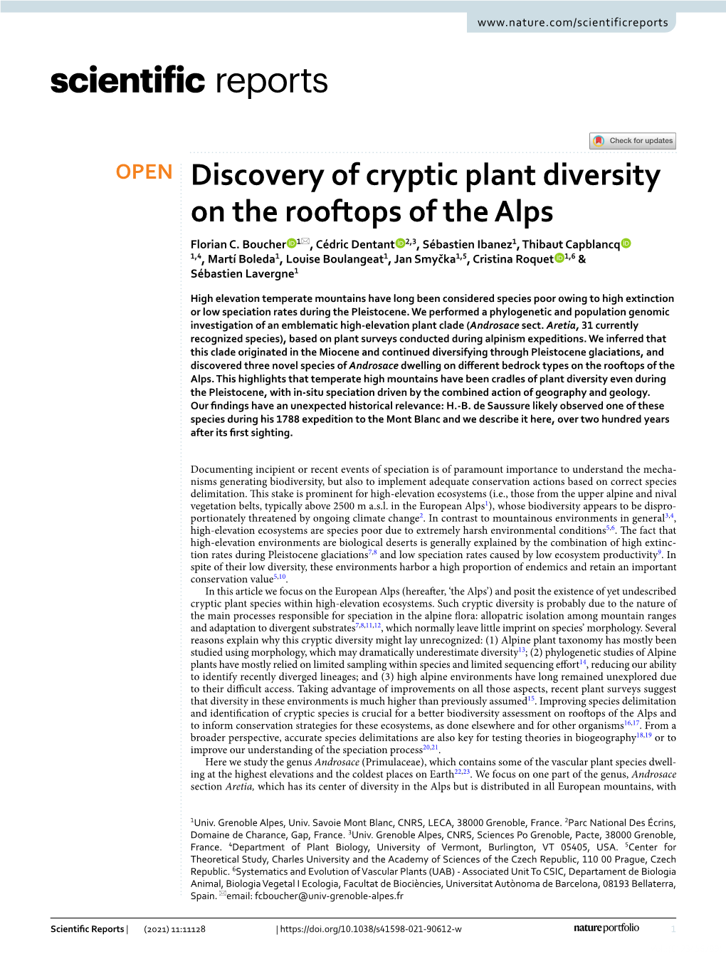 Discovery of Cryptic Plant Diversity on the Rooftops of the Alps Florian C